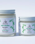 Two jars of Leonica Cosmetics Teak & Bamboo Body Butter, one larger and one smaller, with white lids and labels featuring the product name and bamboo graphics.