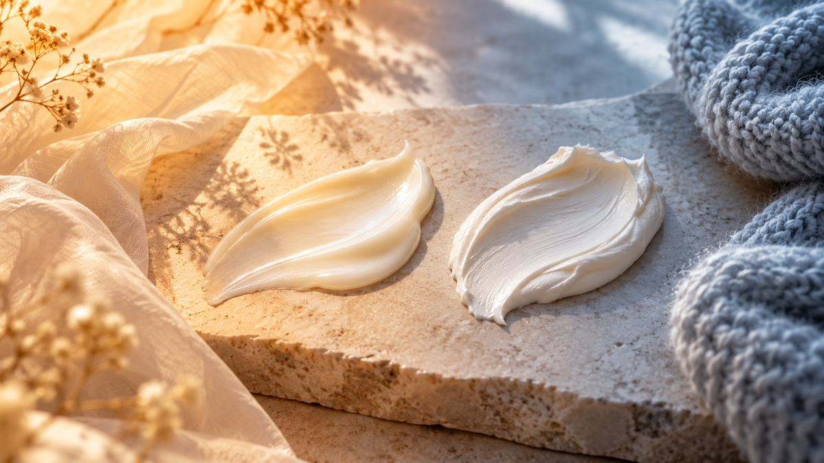 Conceptual illustration of cream textures with warm amber and cool blue light