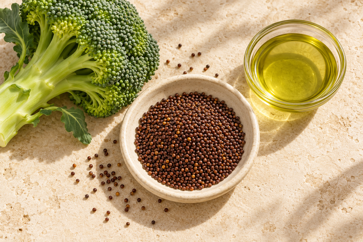 Illustration of broccoli seeds, golden seed oil and a fresh broccoli floret