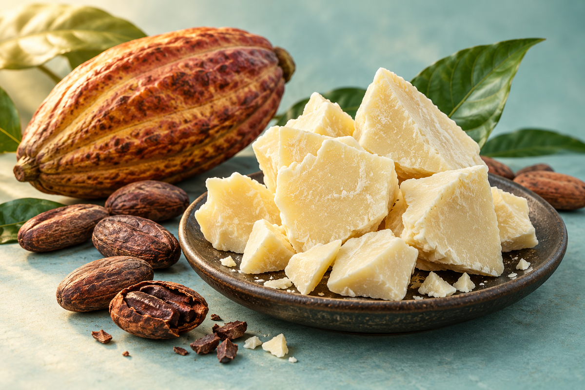 Botanical illustration of pale cocoa butter chunks with cacao beans and a cacao pod