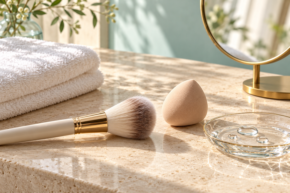 Illustration of a makeup brush, sponge, mirror and water droplets on a morning vanity