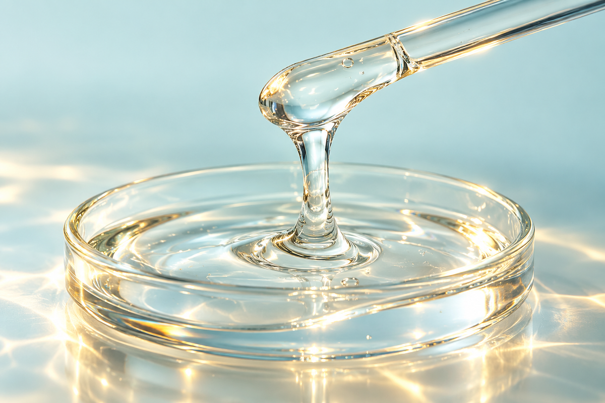 Illustration of clear viscous glycerin flowing from a glass rod into a glass dish