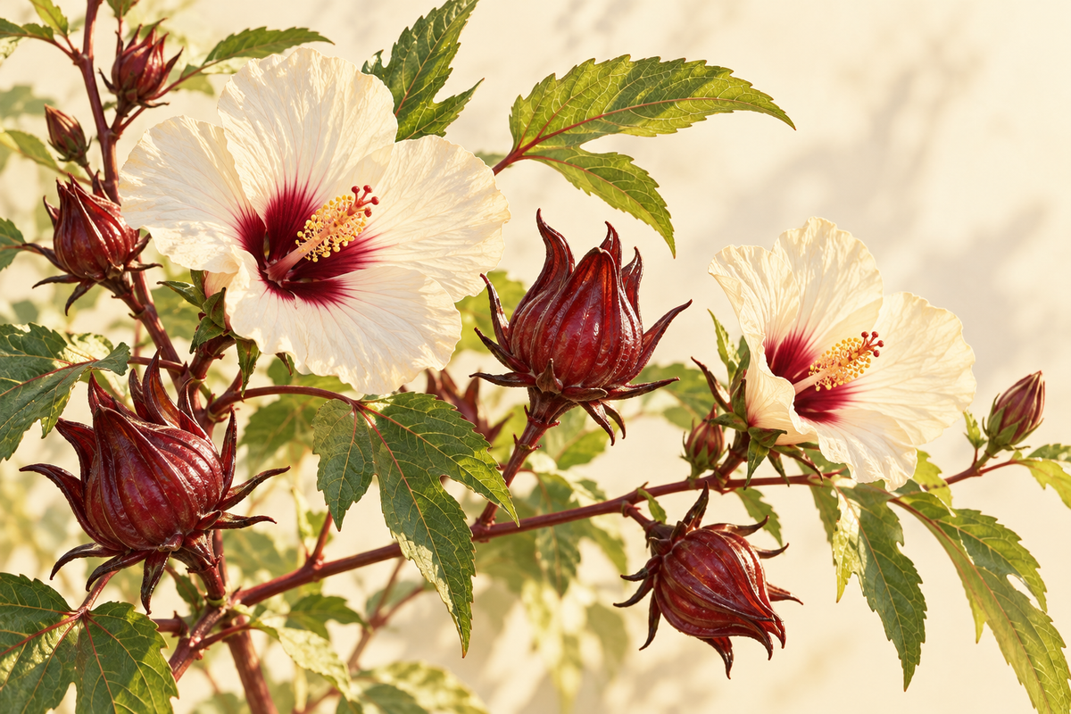Botanical illustration of Hibiscus sabdariffa flowers and red calyces