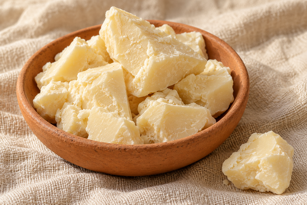 Illustration of pale solid kokum butter pieces in a terracotta dish