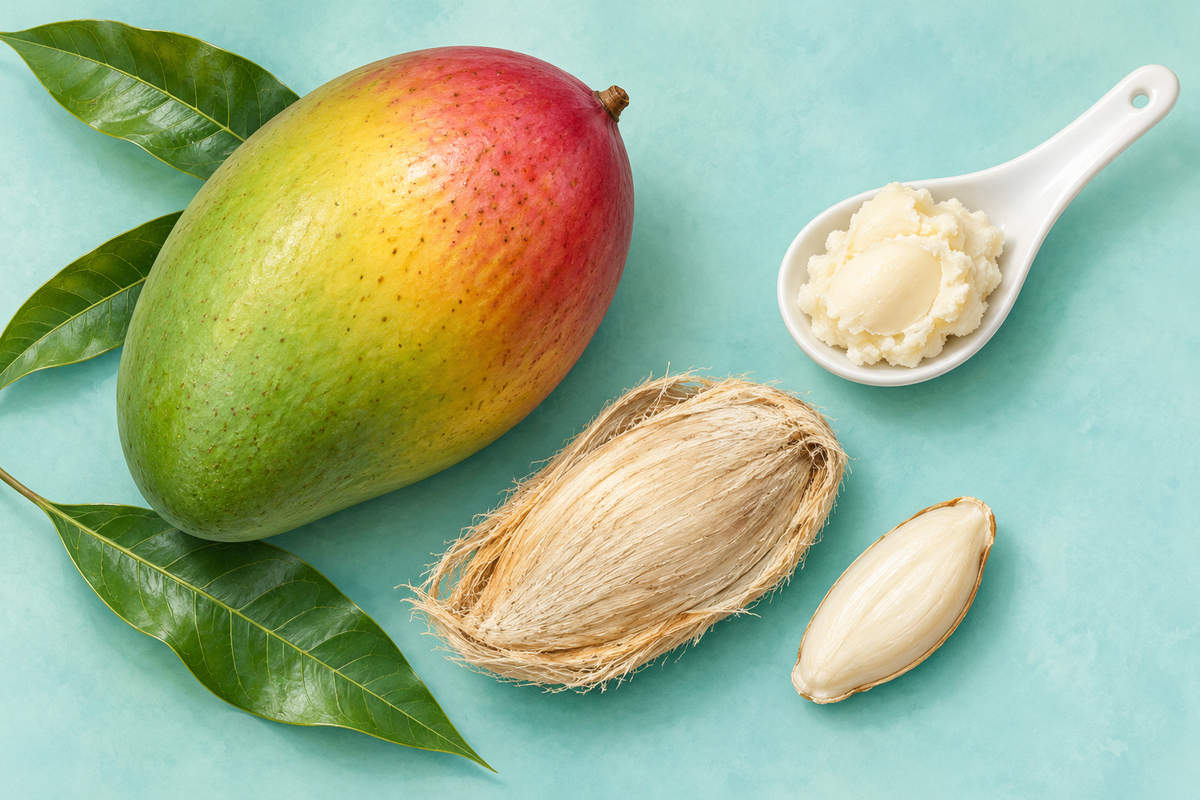 Botanical illustration of a mango, its stone and kernel, and pale mango seed butter