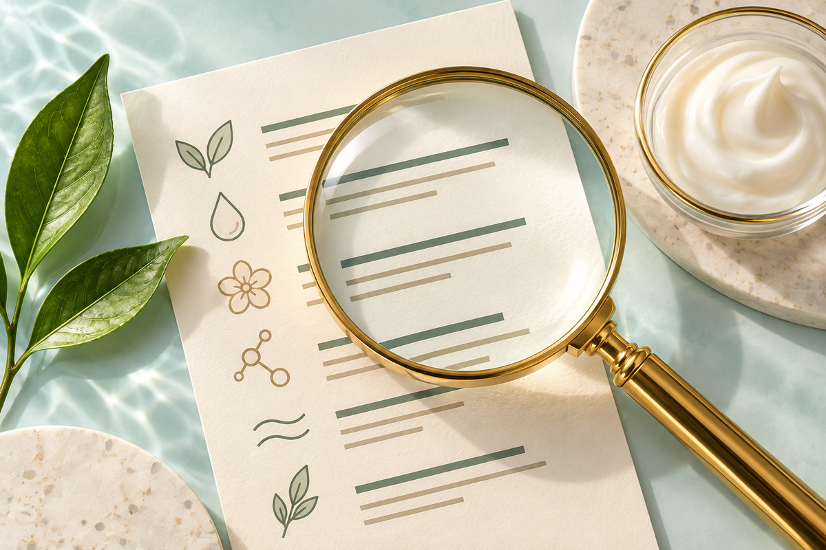 Conceptual illustration of a magnifying glass examining a cosmetic ingredient list