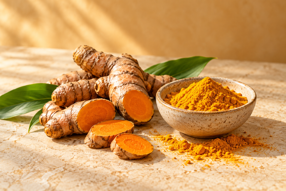 Illustration of turmeric rhizomes with orange interiors and golden turmeric powder