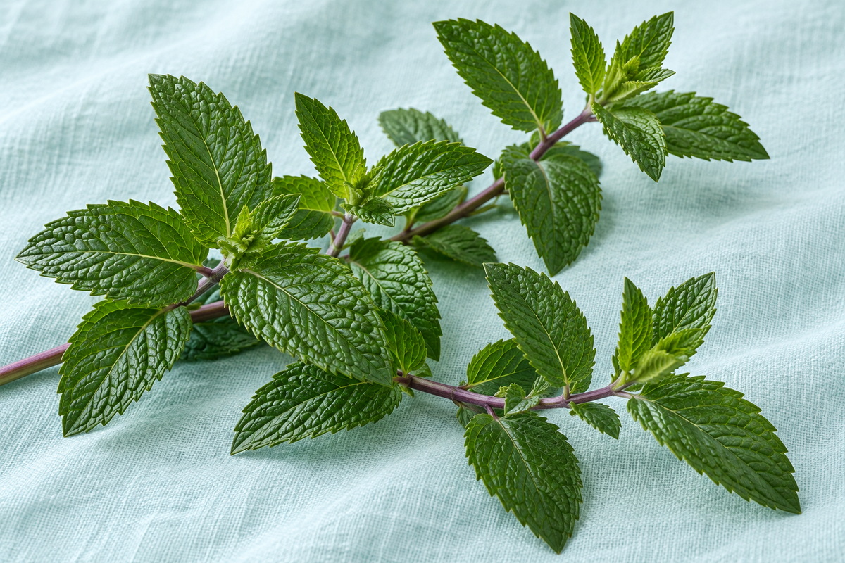 Botanical illustration of green peppermint leaves and purple stems on pale aqua linen
