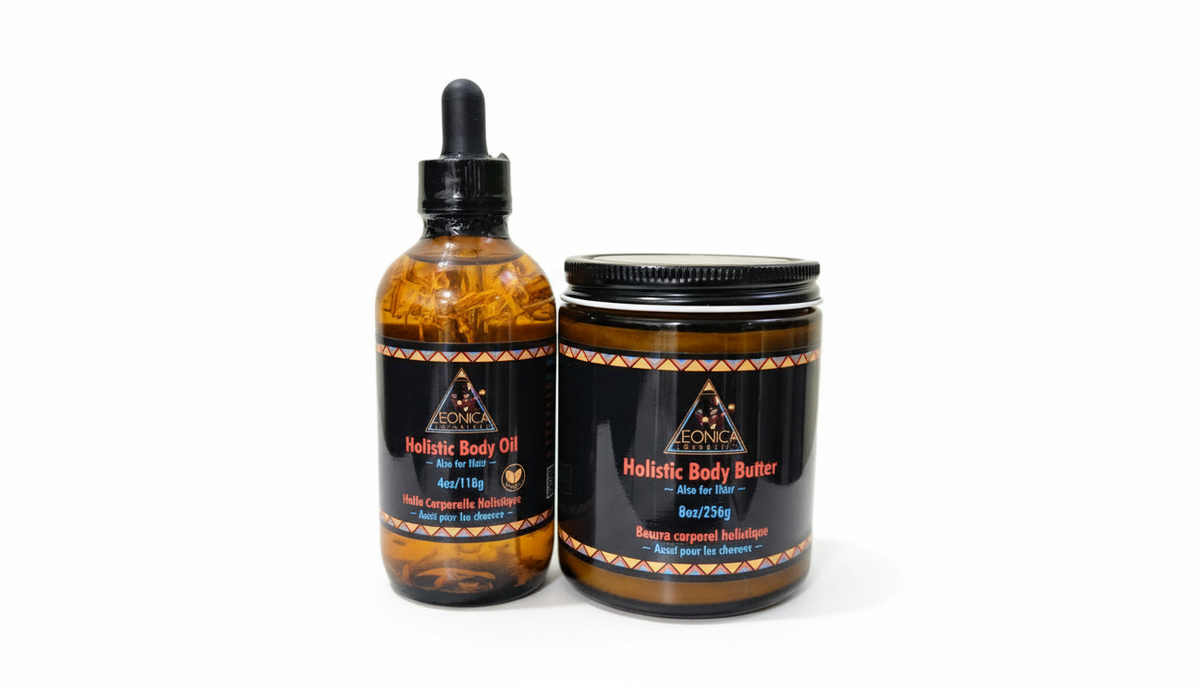 Leonica Cosmetics Holistic Body Butter and calendula infused Holistic Body Oil in amber packaging