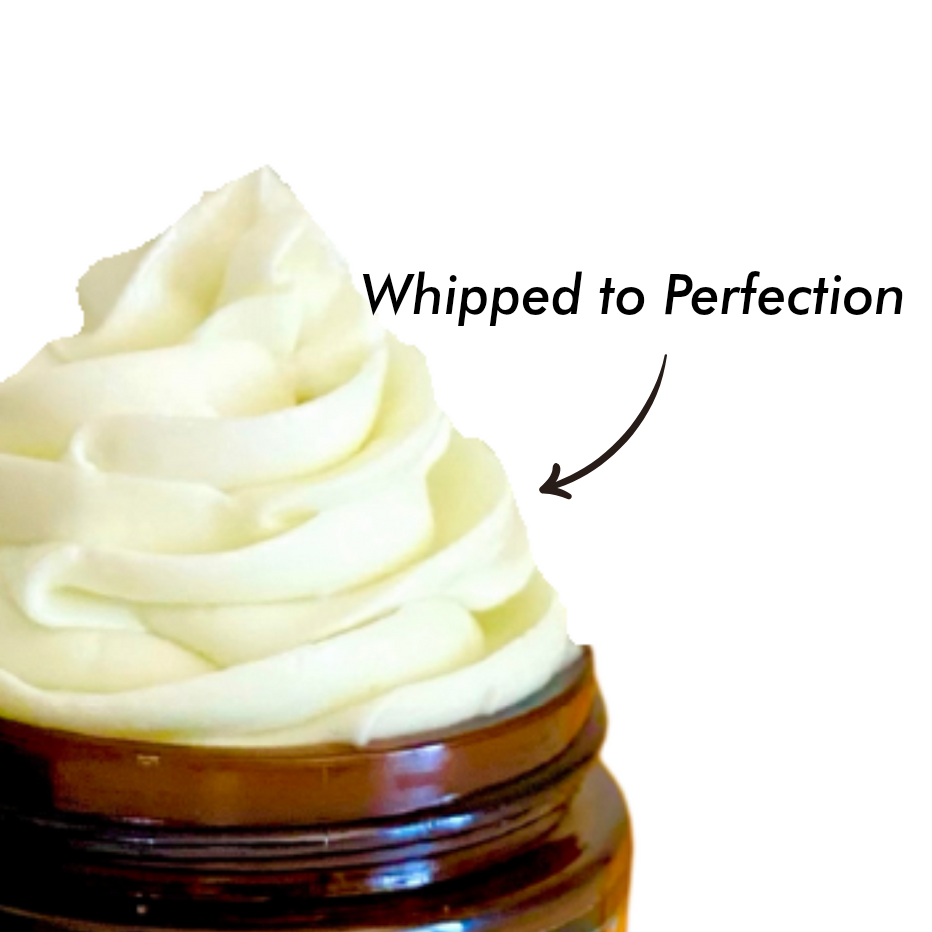 Whipped Holistic Body Butter texture in an open jar, with the words Whipped to Perfection