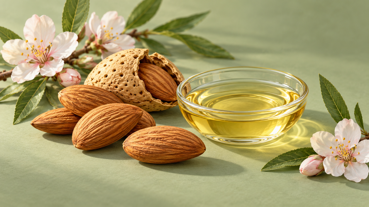 Botanical illustration of almond kernels, a cracked almond shell and pale golden sweet almond oil