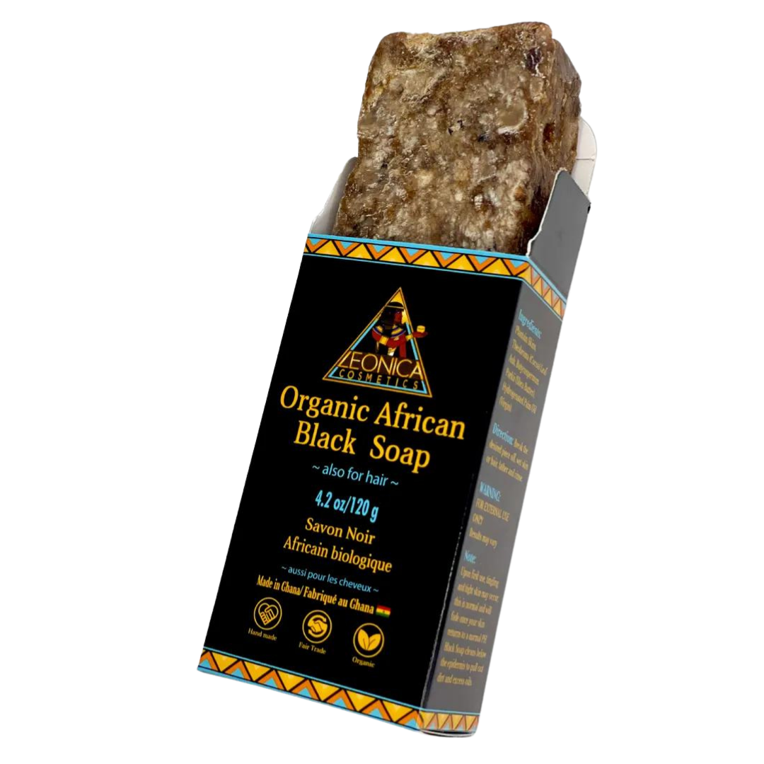 4oz Organic African Black Soap. This ancient soap can be used from head-to-toe as a shampoo, body wash, face wash and also aids in acne removal, eczema and psoriasis.
