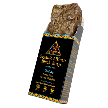 4oz Organic African Black Soap. This ancient soap can be used from head-to-toe as a shampoo, body wash, face wash and also aids in acne removal, eczema and psoriasis.